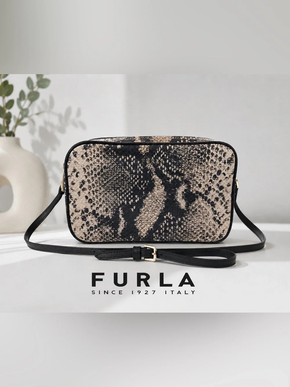 Furla Black & Beige Python-Print Crossbody Bag
